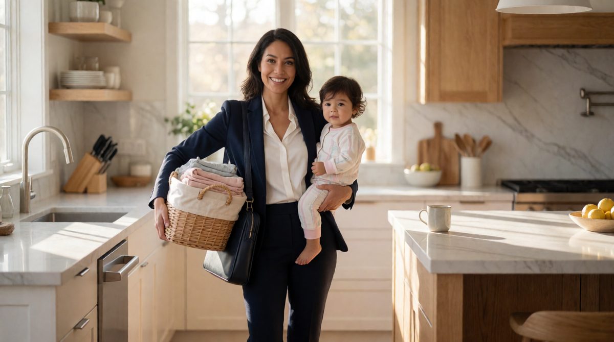 A woman juggling work and home: feminists argue the family still puts the 'dual burden' of paid work and housework on women