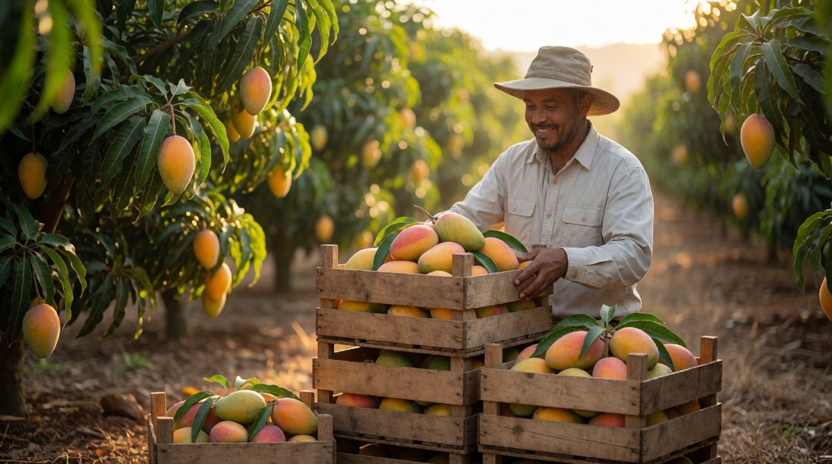 Crates piled high at harvest: the higher the price for mangoes, the more a farmer is willing and able to pick and sell