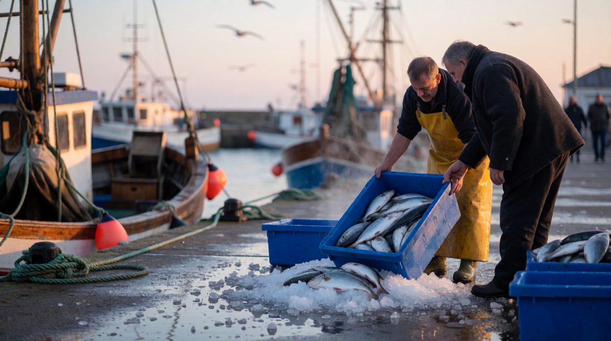 Sellers with unsold fish cut their prices to clear the crates - that's how a surplus pushes price back to equilibrium