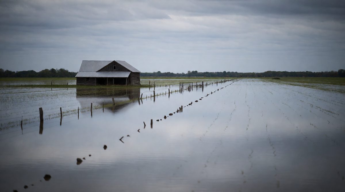 A flood destroys farmland and factories, shifting the PPC inwards