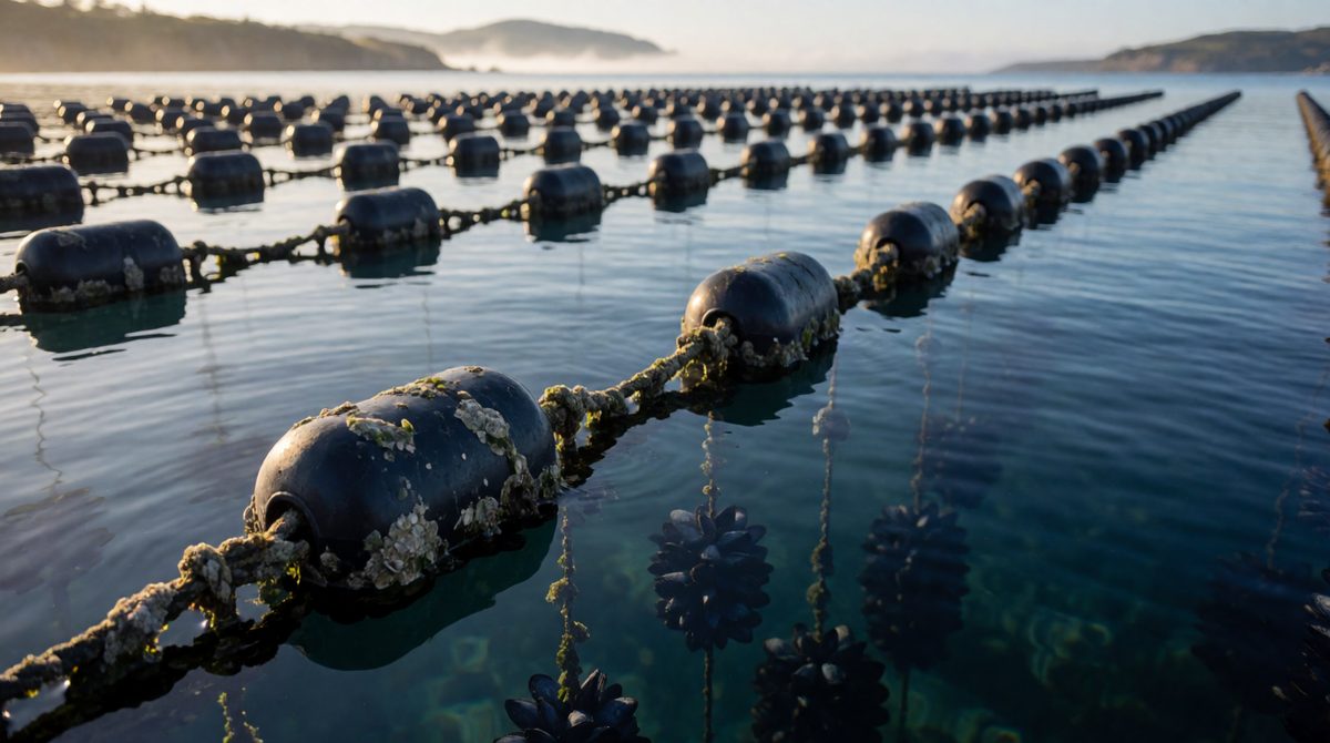 Shellfish are farmed on ropes in sheltered bays