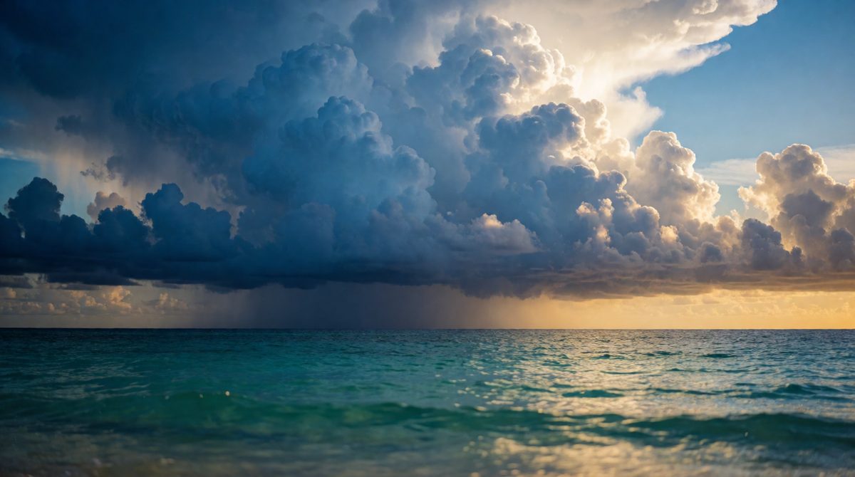 Warm, moist air rising over the sea feeds a cyclone