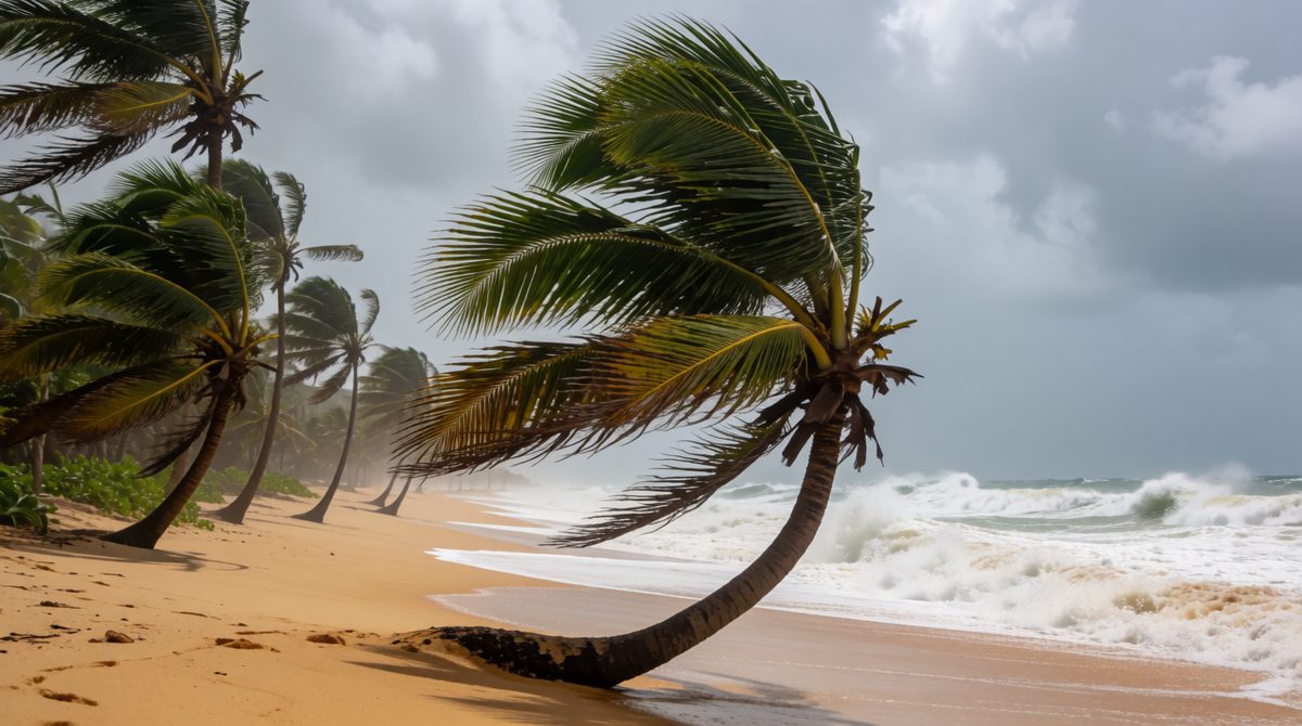 Palm trees bent flat by a tropical cyclone: wind and storm surge are its main physical impacts