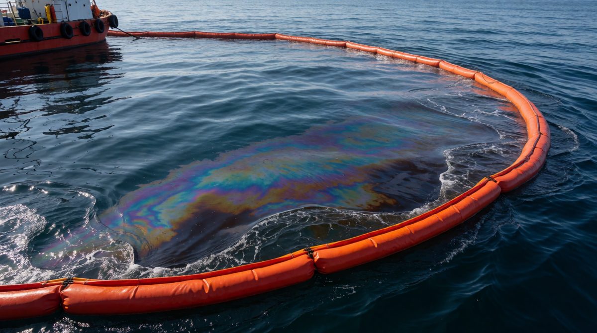 Booms and skimmers contain and collect spilled oil