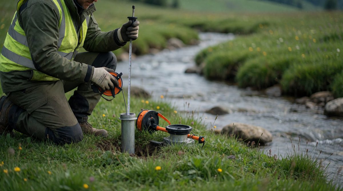 A hydrologist lowering a probe into a borehole - it measures the water table, the top of the groundwater that feeds rivers slowly