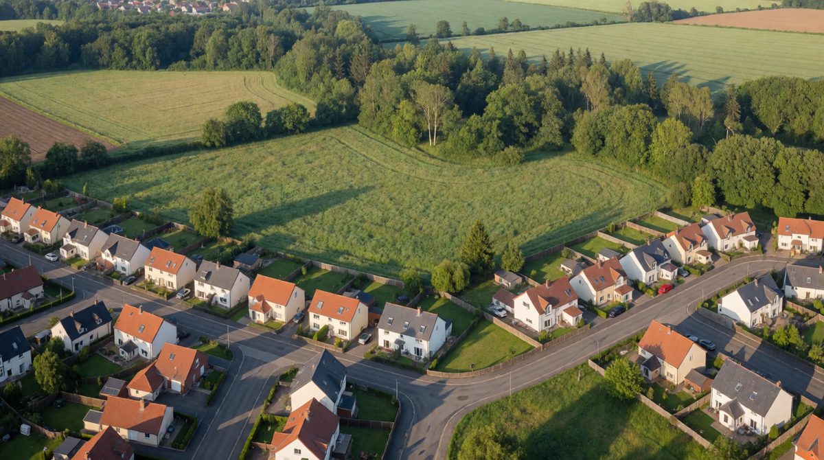 A green belt of fields beside a town - planners use green belts to stop urban sprawl