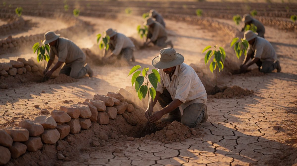 Planting trees and building stone lines across dry land helps hold the soil in place and fight desertification