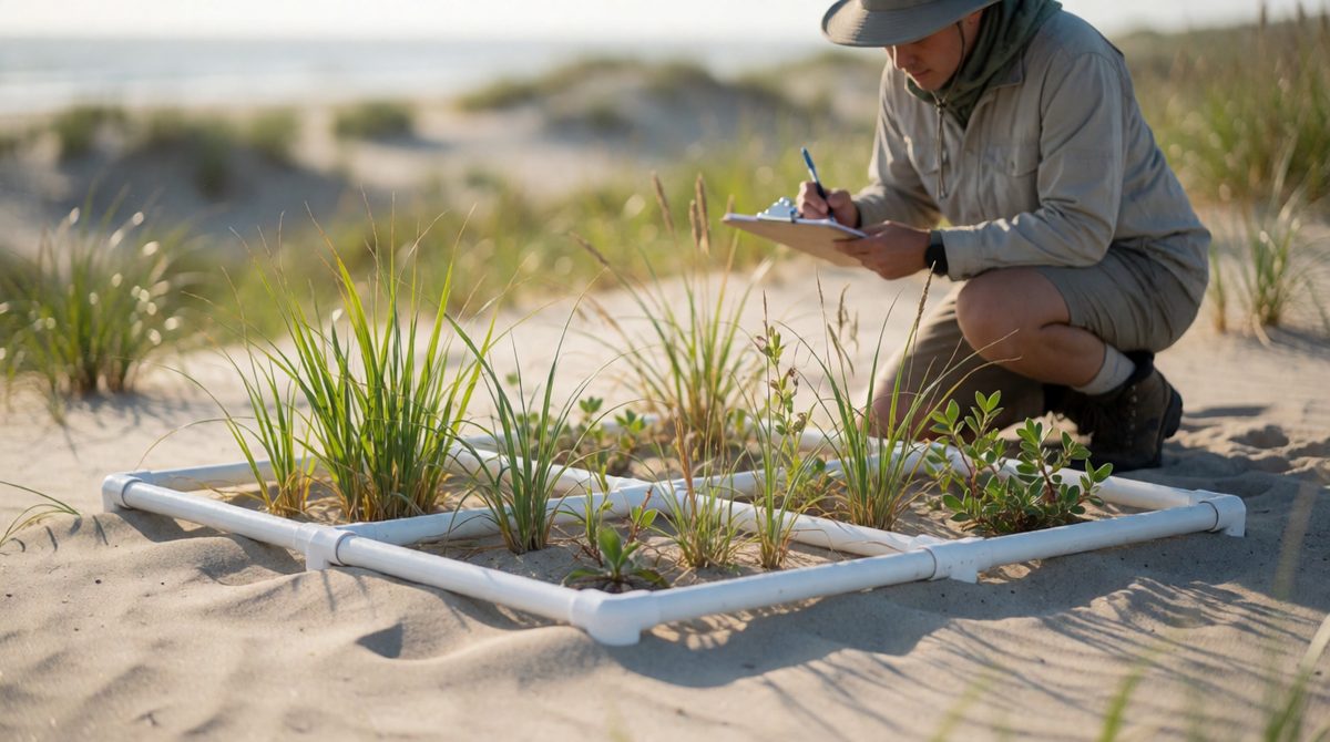 Using a quadrat to survey plants on sand dunes
