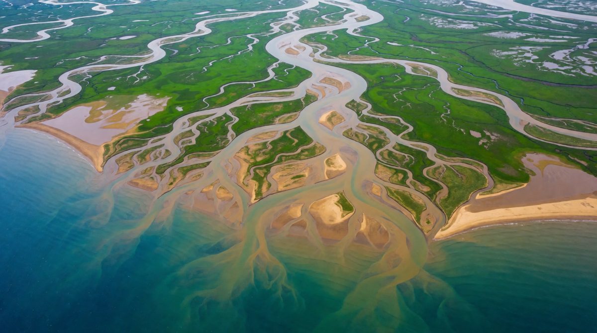 A river delta forms where a river drops its sediment at the coast