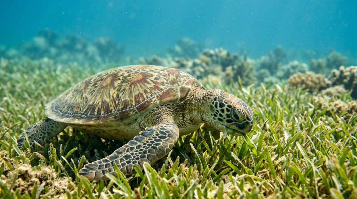 Green turtles graze on seagrass