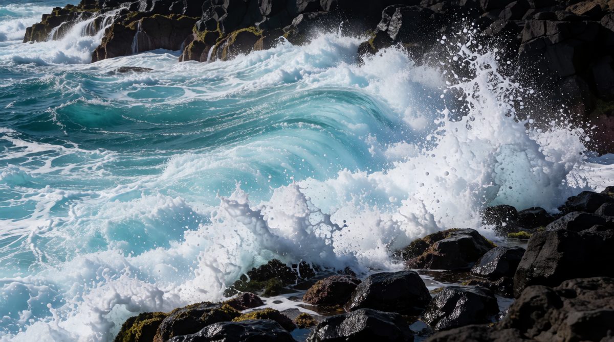 Waves pound exposed rocky shores