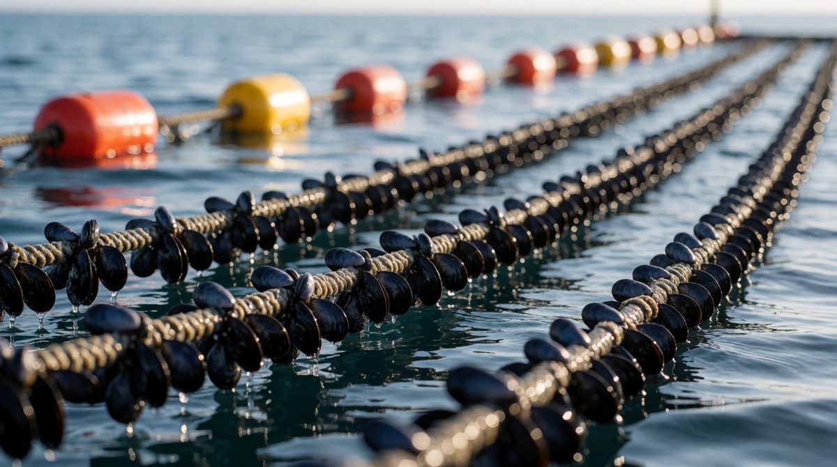 Mussels and oysters are farmed on ropes