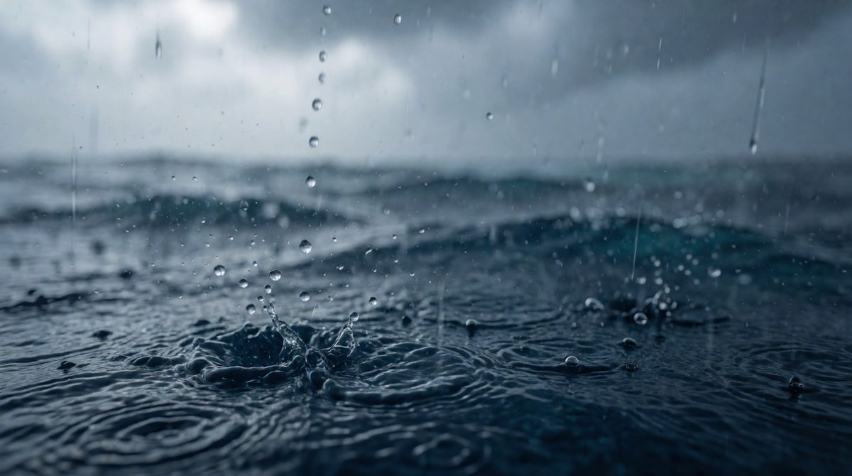 Rain falls over the oceans as well as on land