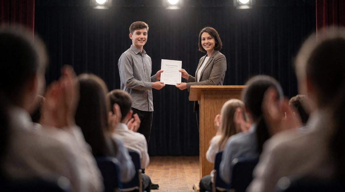 A certificate on stage is a positive sanction: a reward that encourages people to keep following the norms