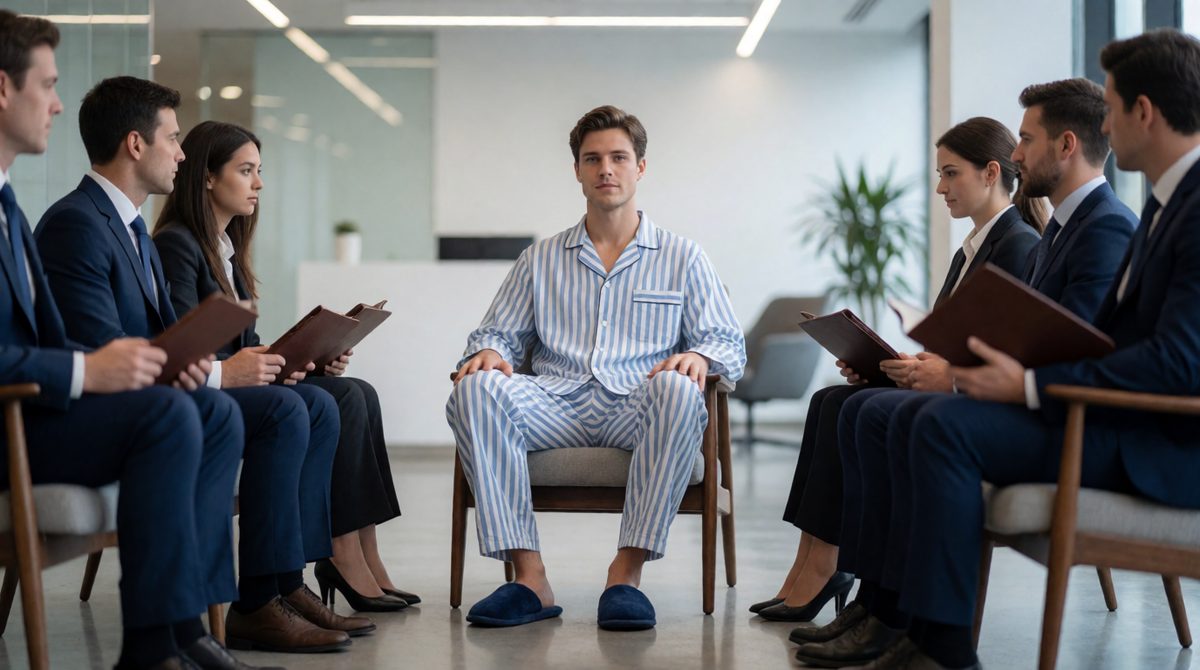 Pyjamas at a job interview break a norm - that makes it deviant behaviour, but not a crime