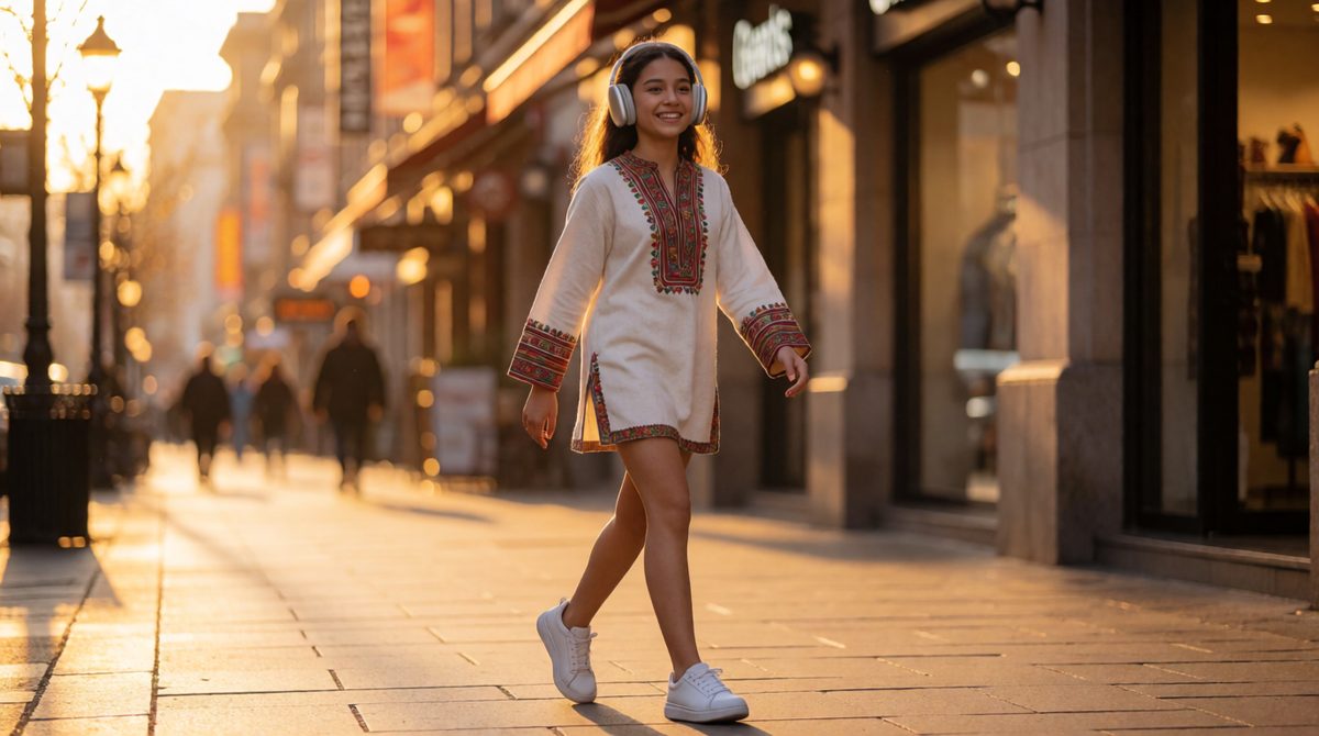 Traditional dress and street trainers - a hybrid identity mixes the cultures of family and the wider society