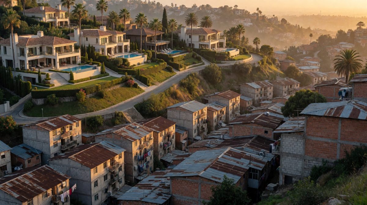 Grand villas up on the hill, tiny flats down below - stratification means society is ranked in layers, just like this city