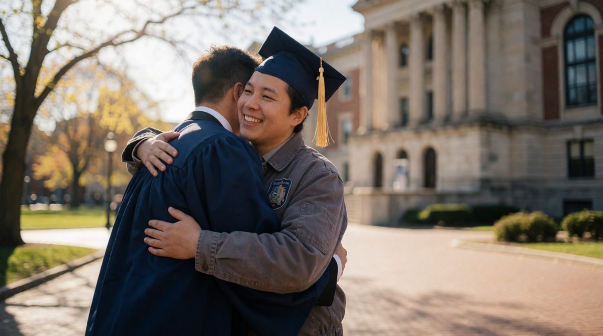 A first-generation graduate with a parent who works in a factory - moving up from your parents' class is intergenerational mobility