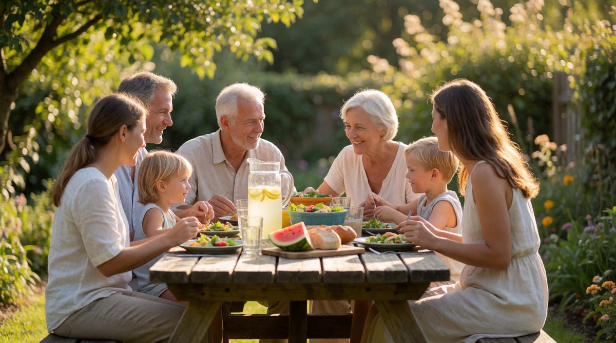Three generations together: grandparents, parents and children make this a vertical extended family