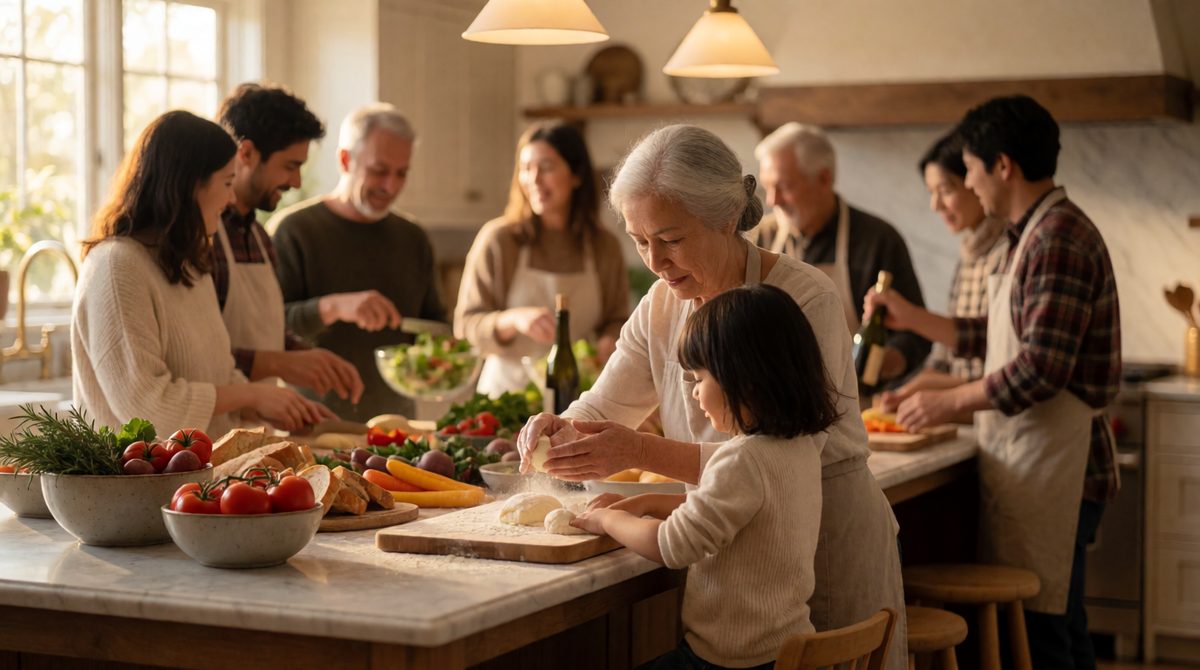 Family life varies between cultures; in some societies several generations live together and share the cooking
