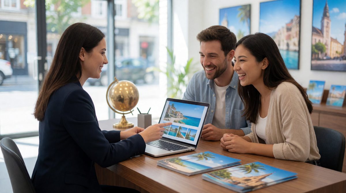A travel agent helps a couple book a package: agents and tour operators depend on each other to sell holidays