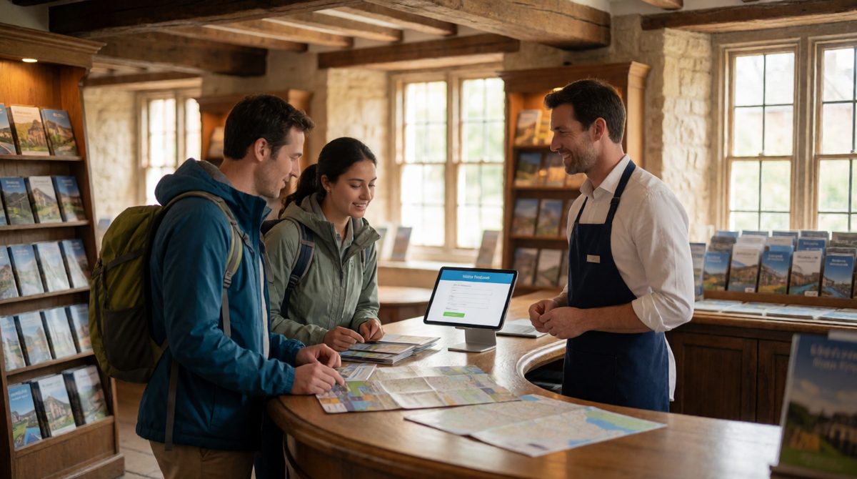 A VisitBritain-style visitor centre where staff gather both numbers and visitor stories - using quantitative and qualitative research together gives the full picture