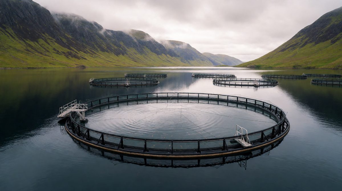 Fish are farmed in tanks and sea pens