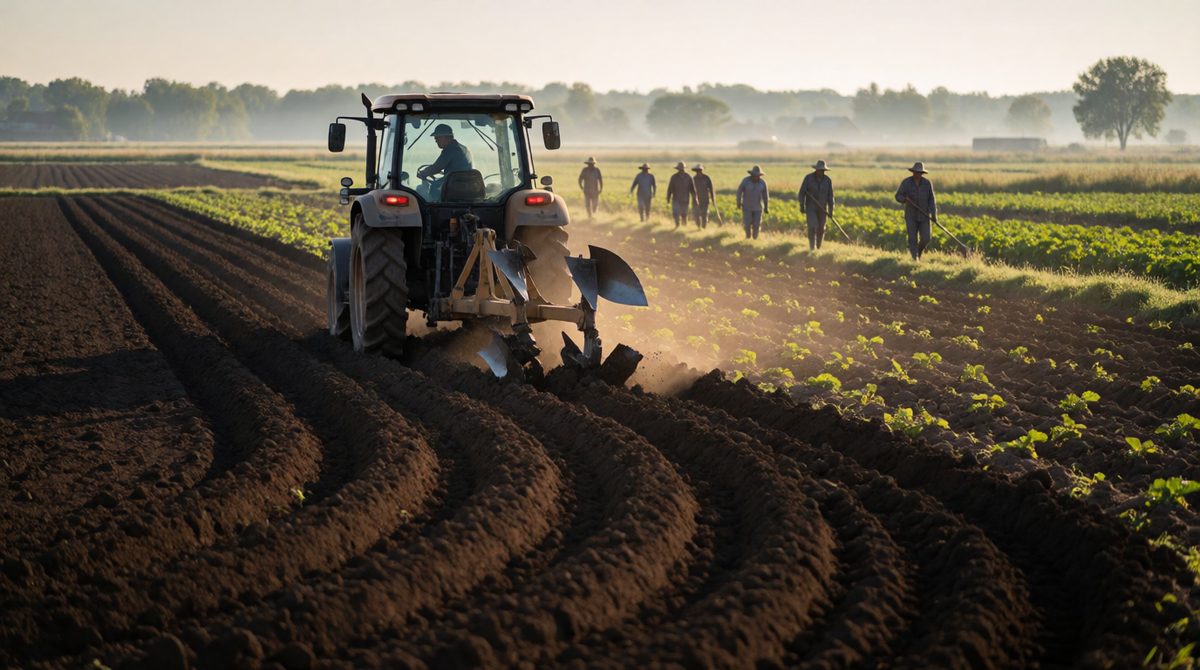 A farm uses all four factors: land, labour, capital like this tractor, and enterprise from the farmer