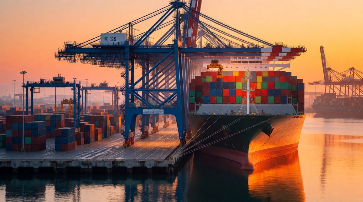 Container ships carry visible trade, physical goods like cars and clothes crossing borders
