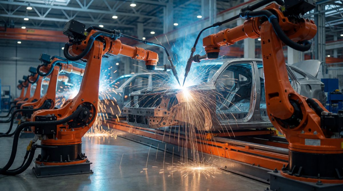 Robots cut the cost of making each car, so supply increases and the curve shifts right