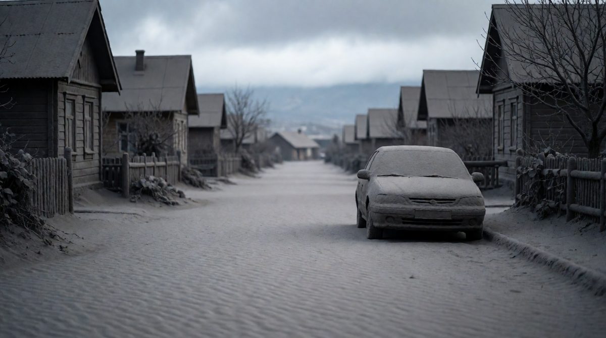 Volcanic ash blankets the land after an eruption