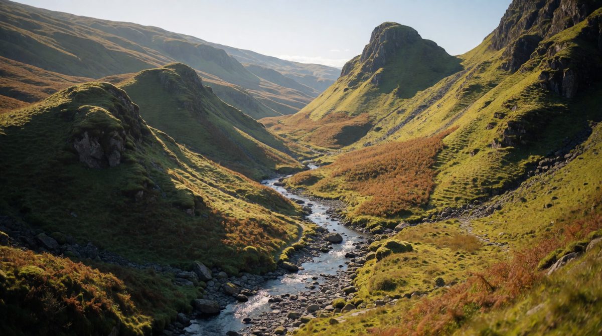 Interlocking spurs zig-zag along upland valleys
