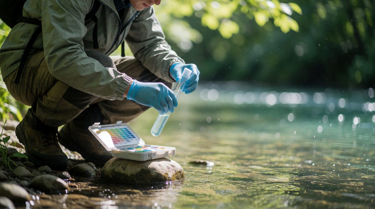 Testing water quality in a river