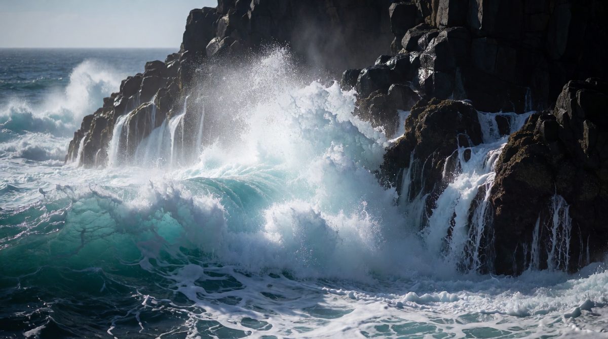 Waves erode cliffs through hydraulic action and abrasion