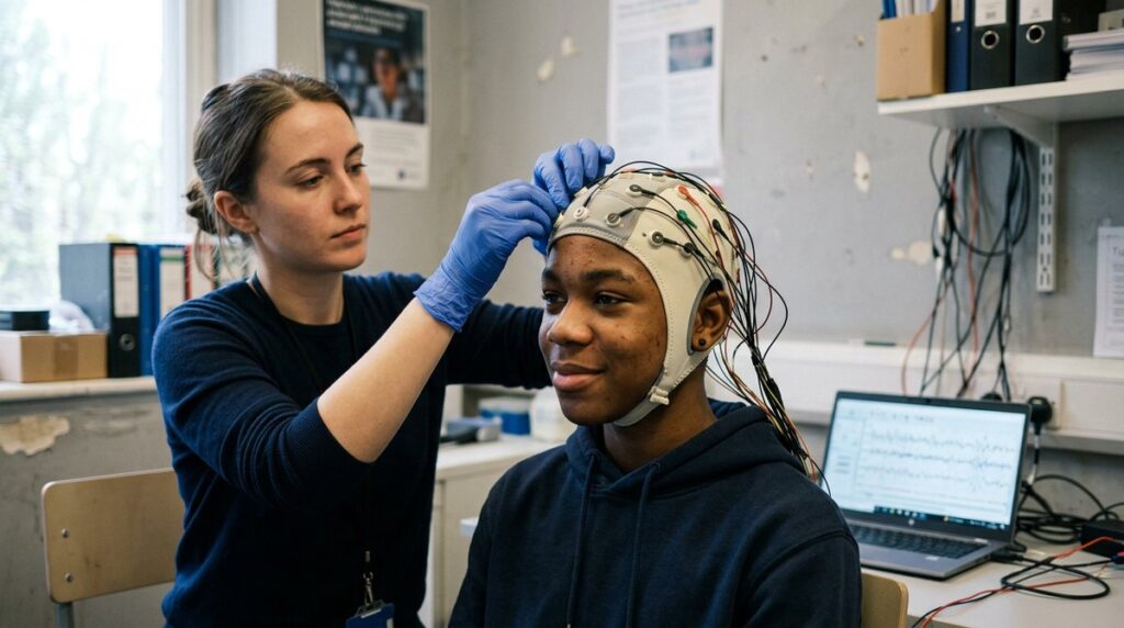 A teenage volunteer having an EEG cap fitted in a psychology lab, linked to brain and neuropsychology in AQA GCSE Psychology