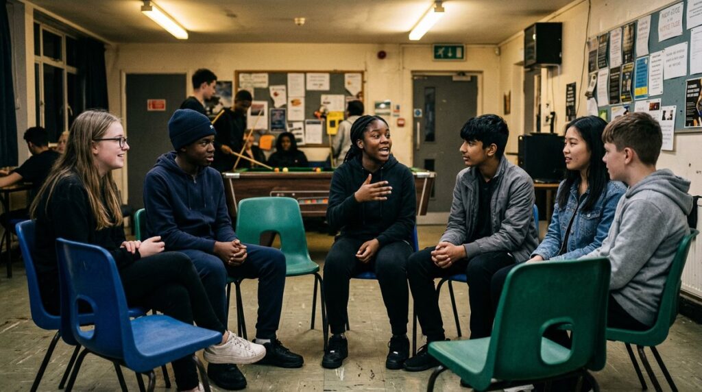 A group of teenagers discussing ideas in a circle at a youth club, the kind of debate GCSE Sociology is built on