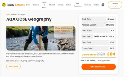 AQA GCSE Geography 8035 online course page showing 47 hours study time, exam years 2027 to 2029 and the course fee