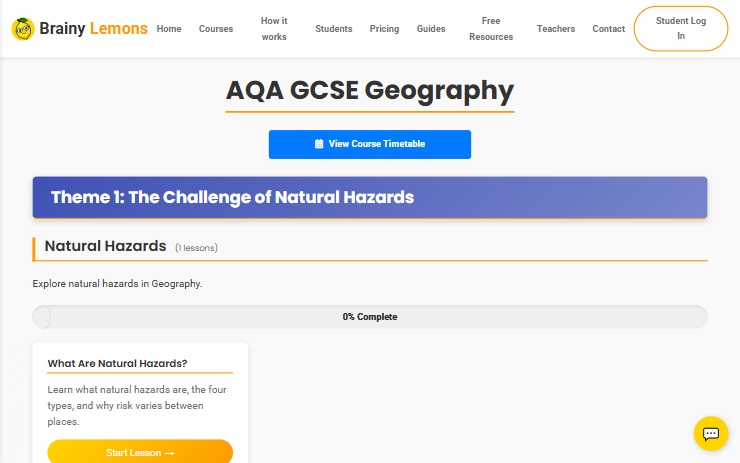 The AQA GCSE Geography course menu with Theme 1, The Challenge of Natural Hazards, and the first lesson