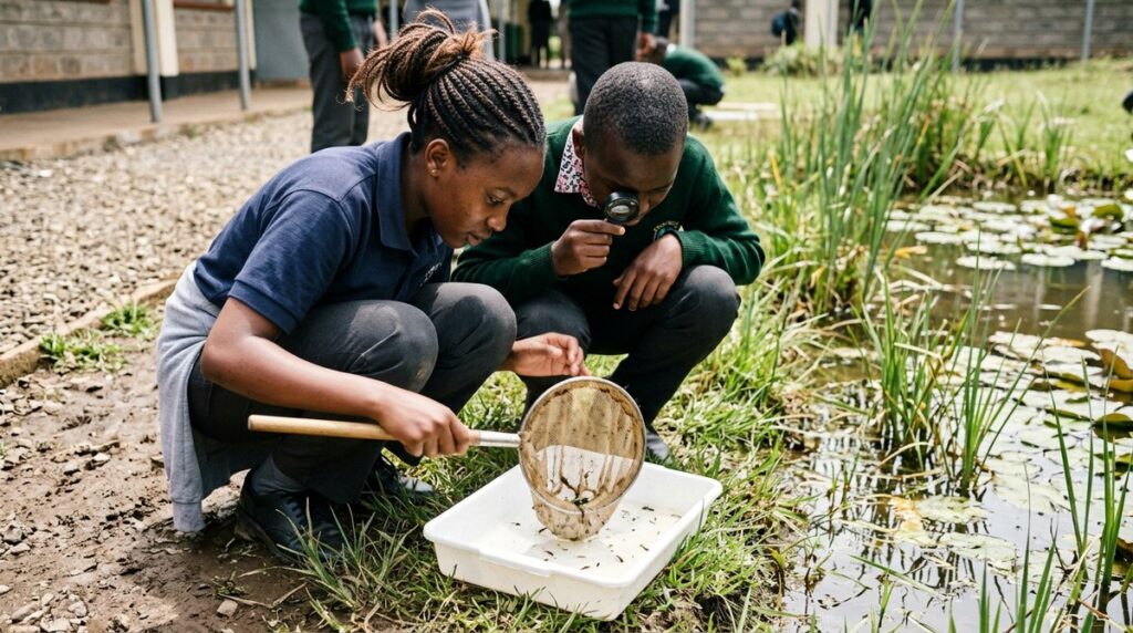 Two IGCSE Biology students pond dipping and looking at small water animals in a white tray