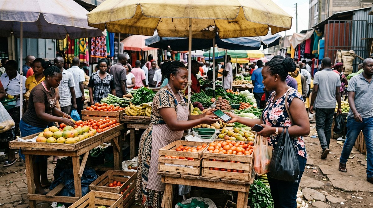 Traders and customers at a busy fruit market in Nairobi, small businesses in action for Edexcel IGCSE Business
