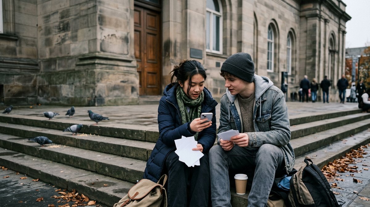 Two GCSE students quizzing each other on the steps outside a museum on an autumn day