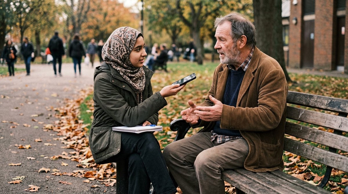 A GCSE Sociology student interviewing an older man on a park bench for a research project