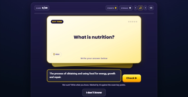 A Hard Biology flash card where the student explains what nutrition is in their own words