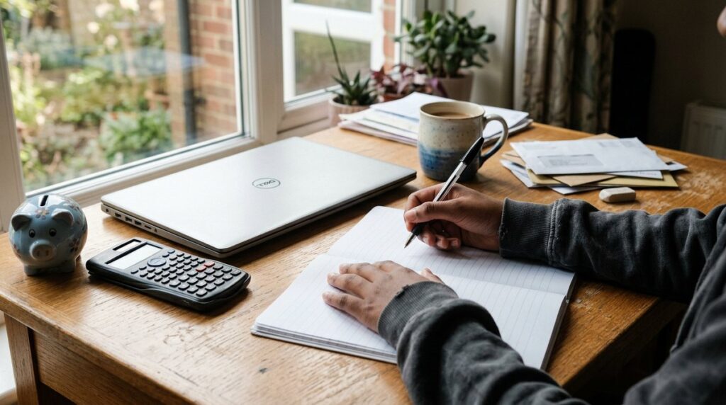 A home educated teenager at a desk at home with a notebook, calculator and piggy bank, budgeting for GCSE exam fees