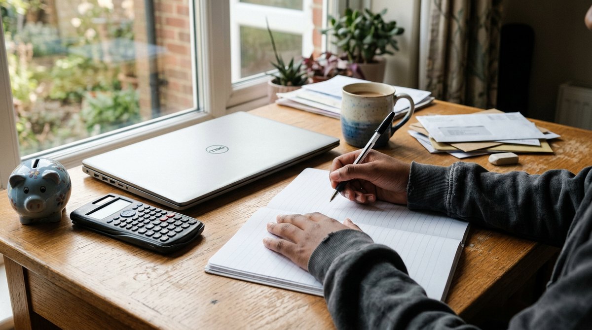 A home educated teenager at a desk at home with a notebook, calculator and piggy bank, budgeting for GCSE exam fees