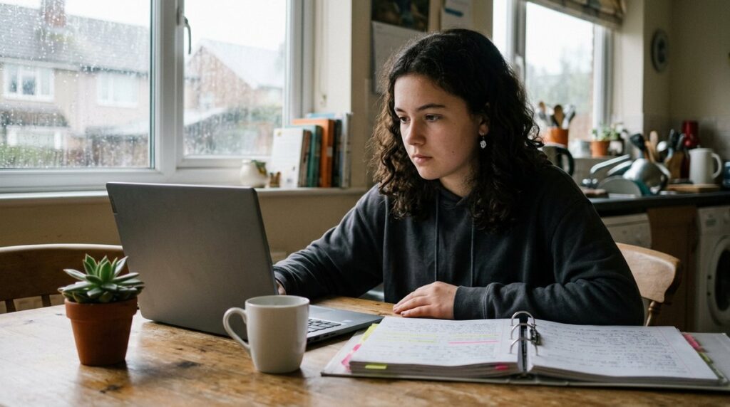 Student studying the IGCSE Environmental Management syllabus at home on a laptop with her notes