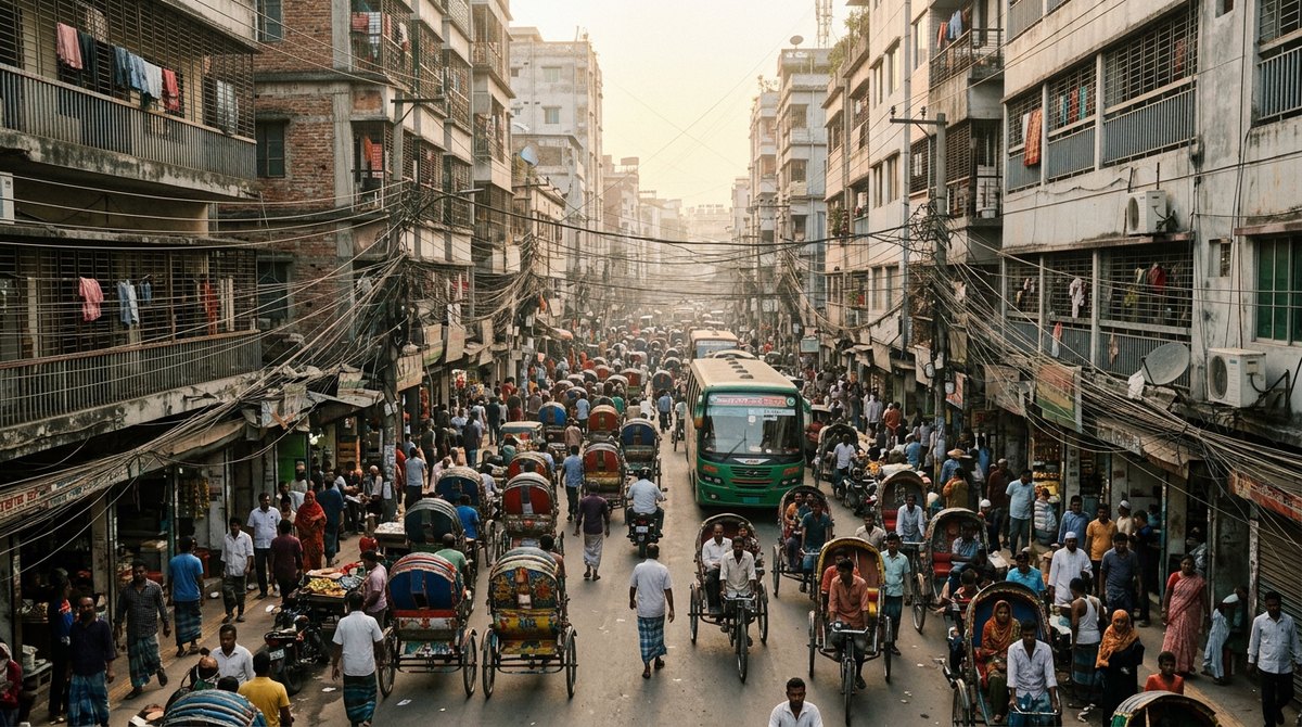 A crowded street in Dhaka packed with rickshaws and people, showing rapid urban growth from IGCSE Geography