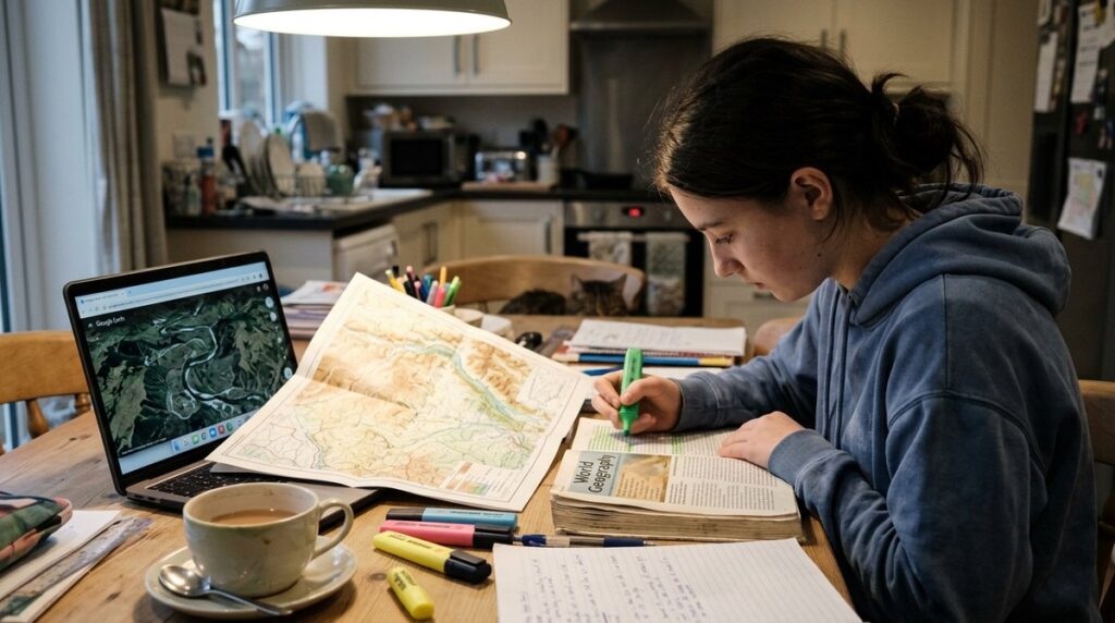 A student revising for Cambridge IGCSE Geography at home with a topographic map, textbook and laptop