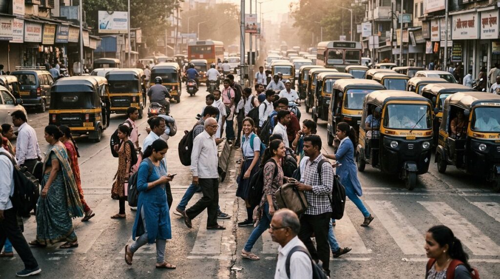 A crowd crossing a busy street in Mumbai at rush hour, everyday human behaviour studied in IGCSE Psychology