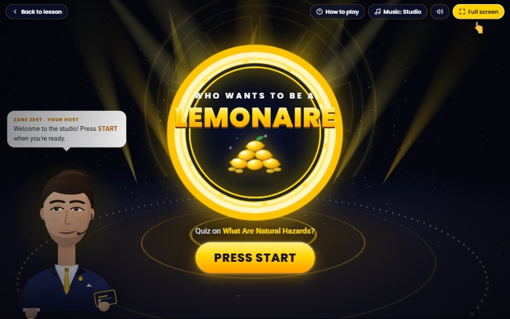 Who Wants To Be A Lemonaire, the Brainy Lemons GCSE Geography quiz game, with host Zane Zest